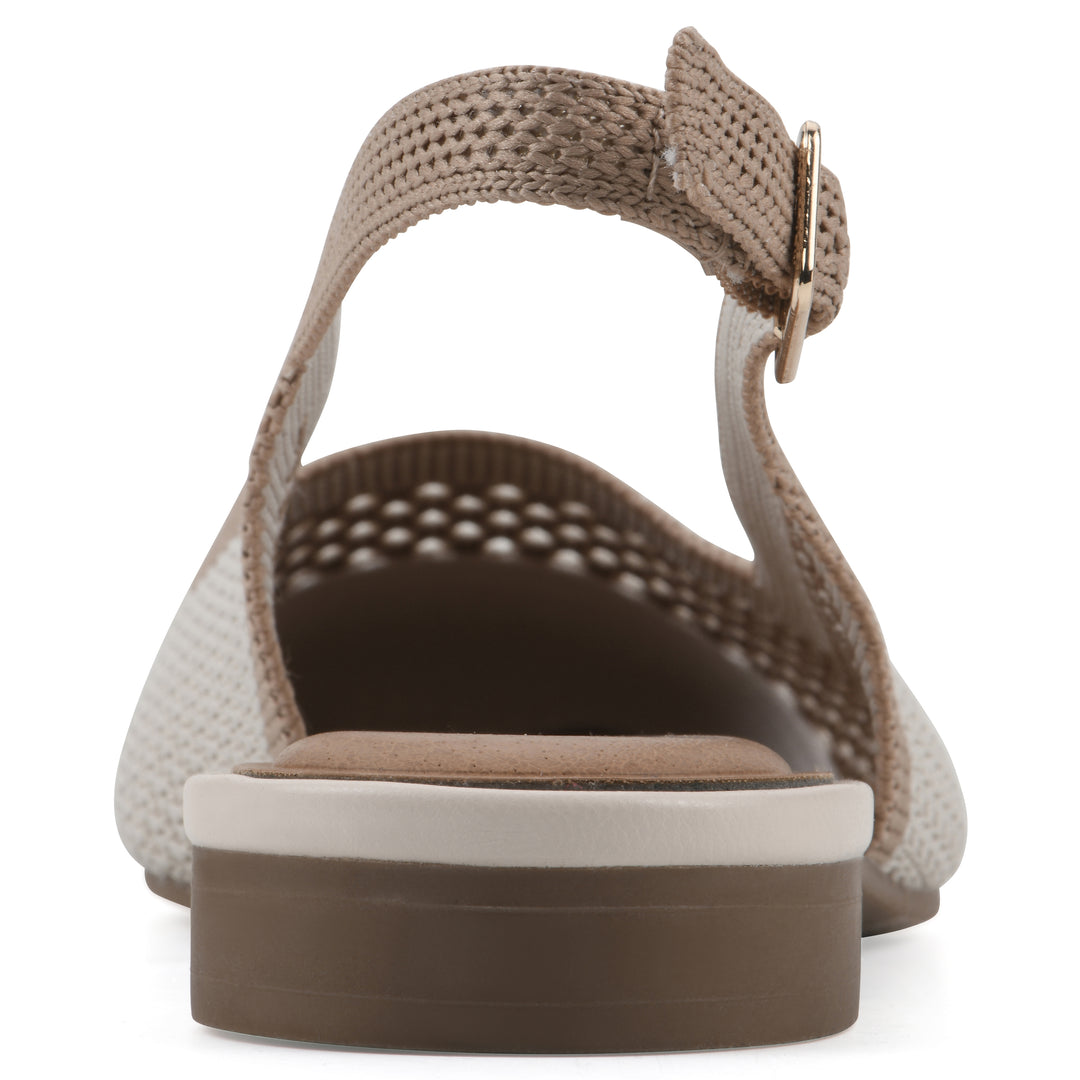 Rear view of a cream and tan fly-knit slingback with low light brown heel