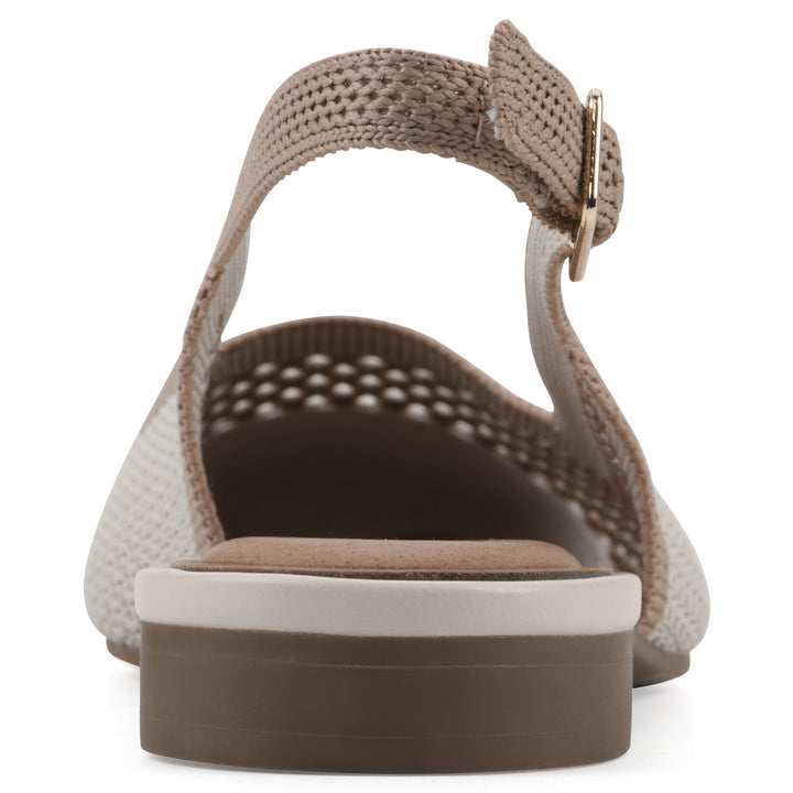 Rear view of a cream and tan fly-knit slingback with low light brown heel