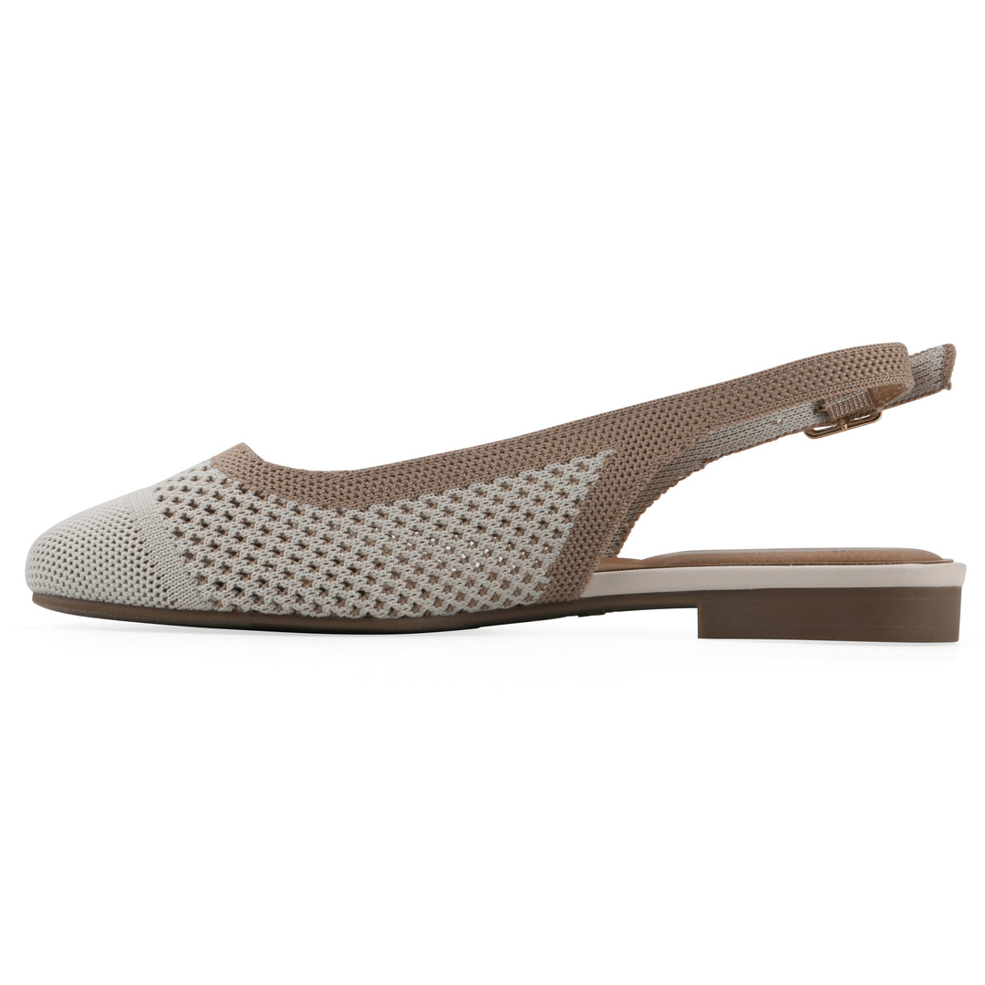 Side view of a cream and tan fly-knit slingback with low light brown heel