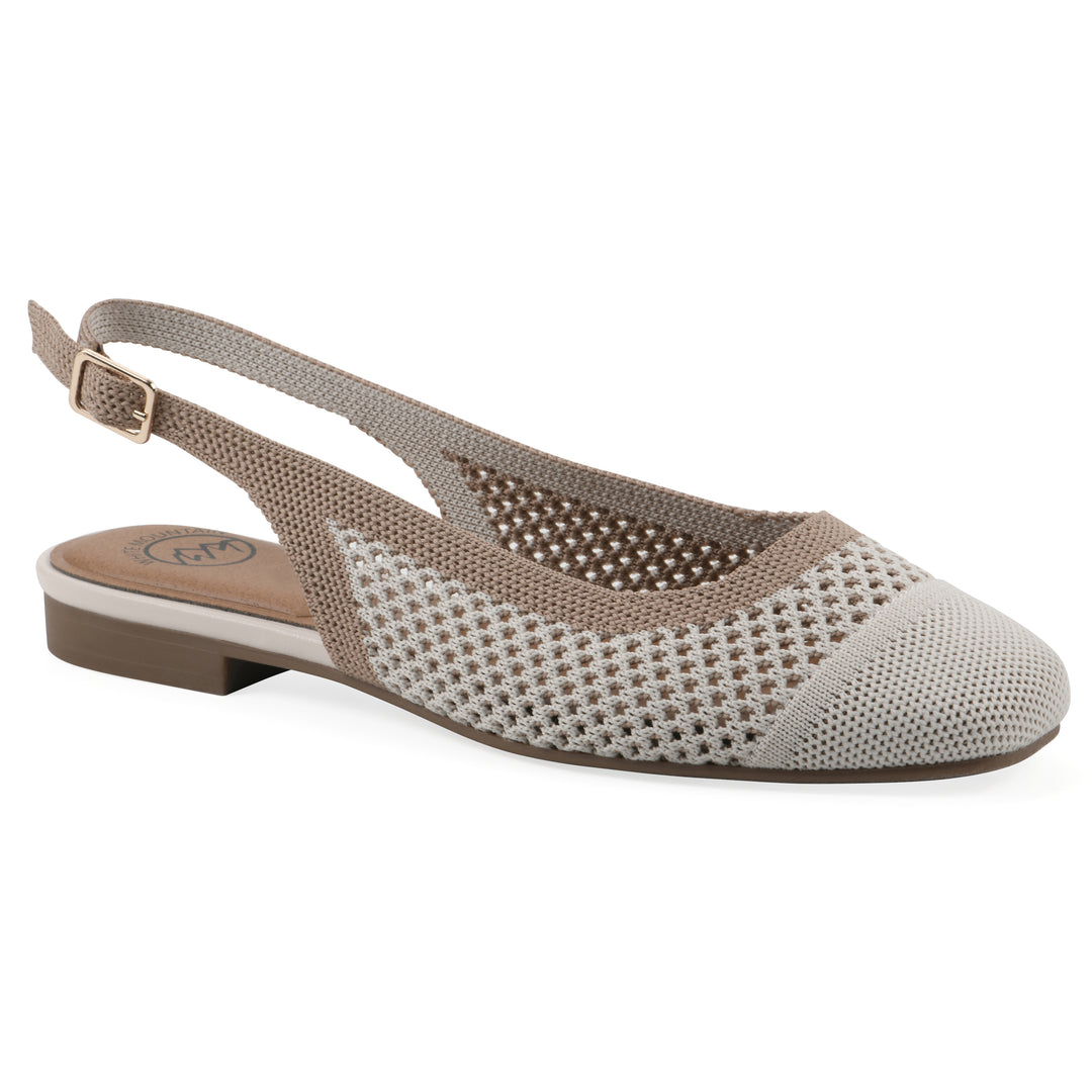 Angle view of a cream and tan fly-knit slingback with low light brown heel