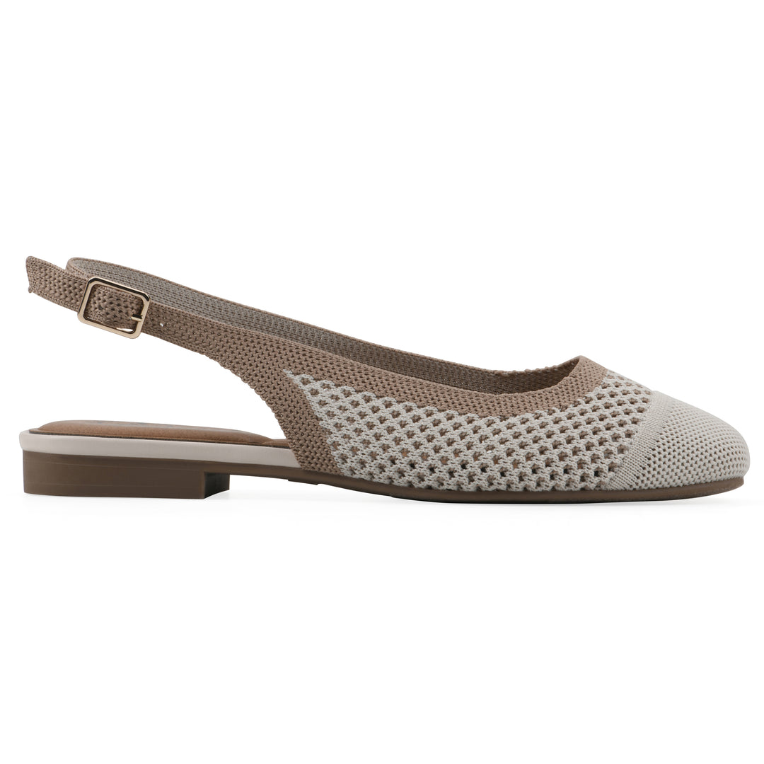 Side view of a cream and tan fly-knit slingback with low light brown heel