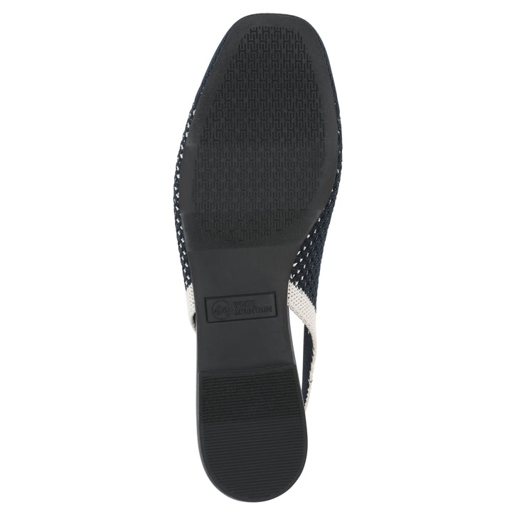 Sole view of a white and navy fly-knit slingback with low black heel