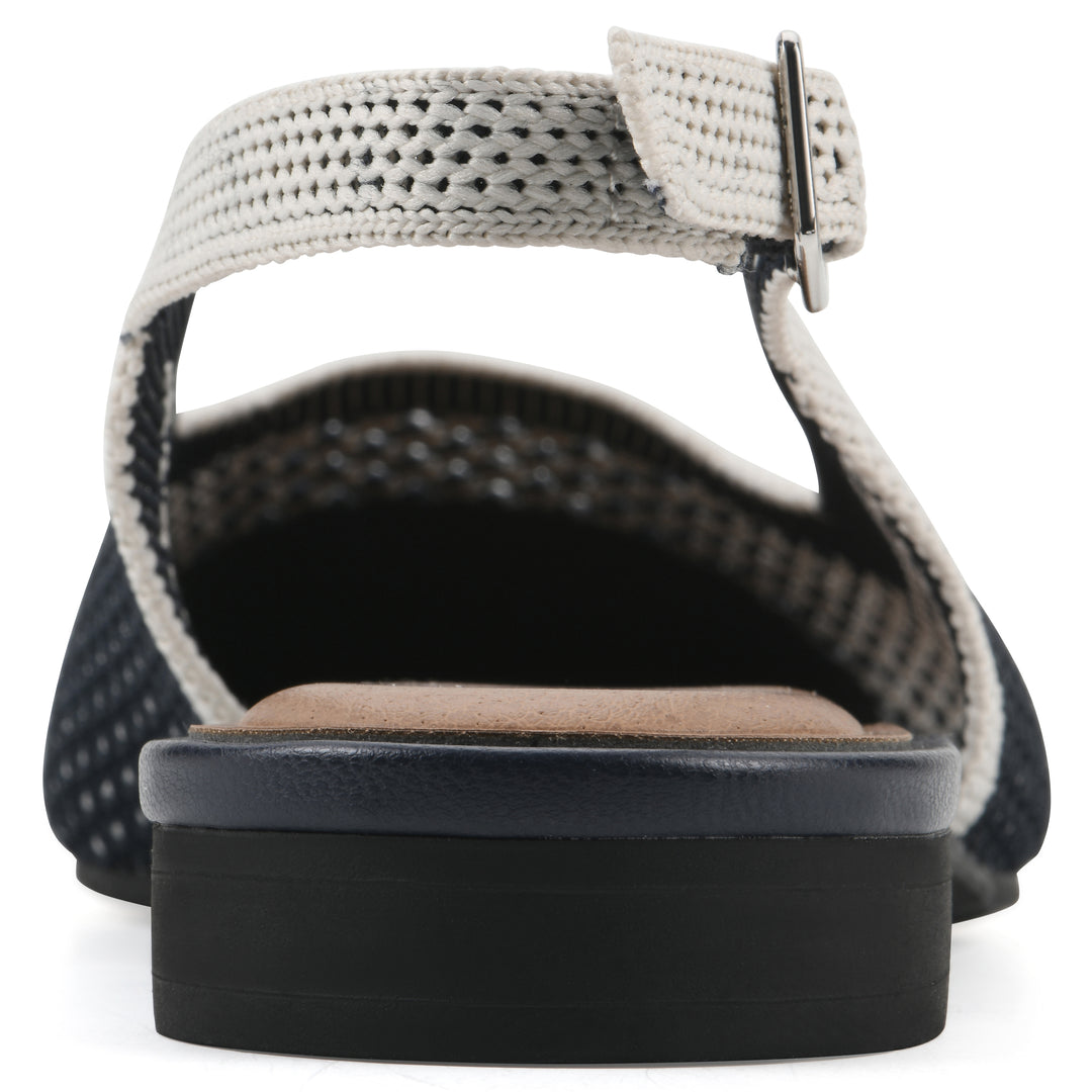 Rear view of a white and navy fly-knit slingback with low black heel