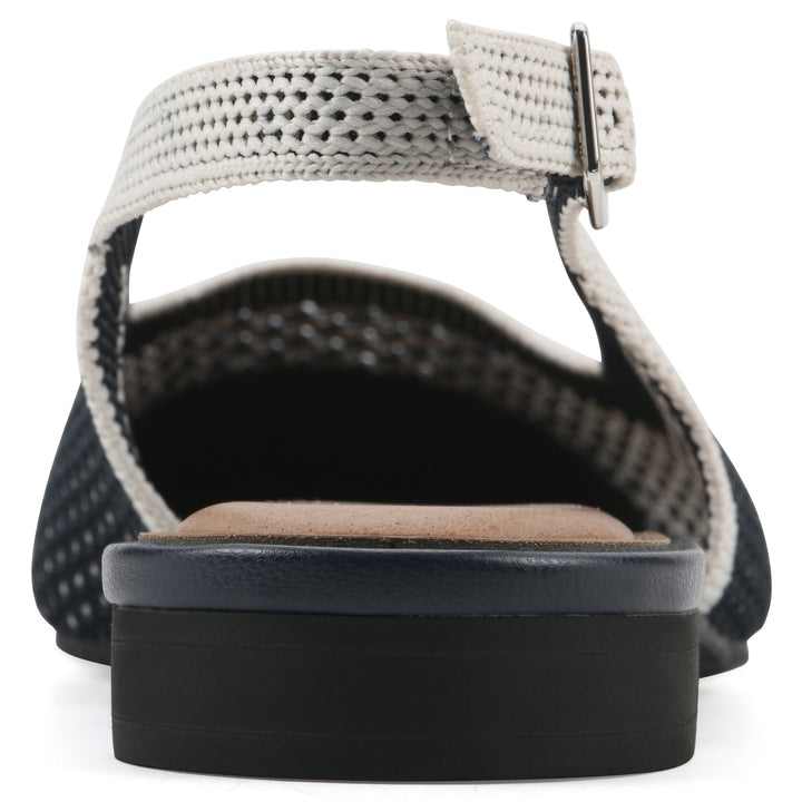 Rear view of a white and navy fly-knit slingback with low black heel