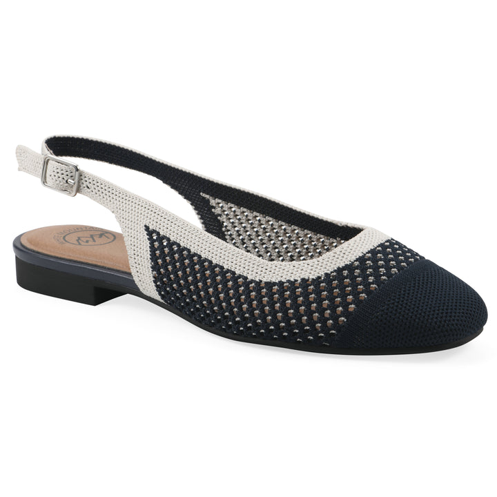 Angle view of a white and navy fly-knit slingback with low black heel