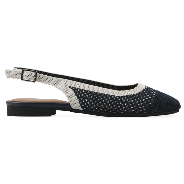 Side view of a white and navy fly-knit slingback with low black heel