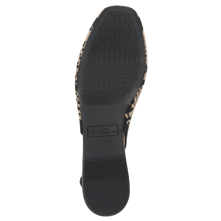 Sole view of a leopard print fly-knit slingback with low black heel