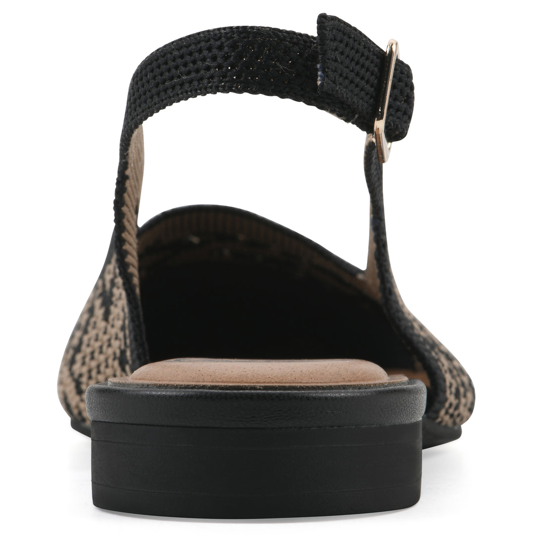 Rear view of a leopard print fly-knit slingback with low black heel