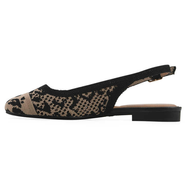 Side view of a leopard print fly-knit slingback with low black heel