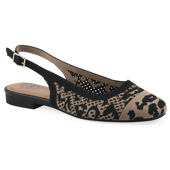 Angle view of a leopard print fly-knit slingback with low black heel