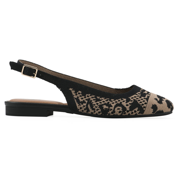 Side view of a leopard print fly-knit slingback with low black heel