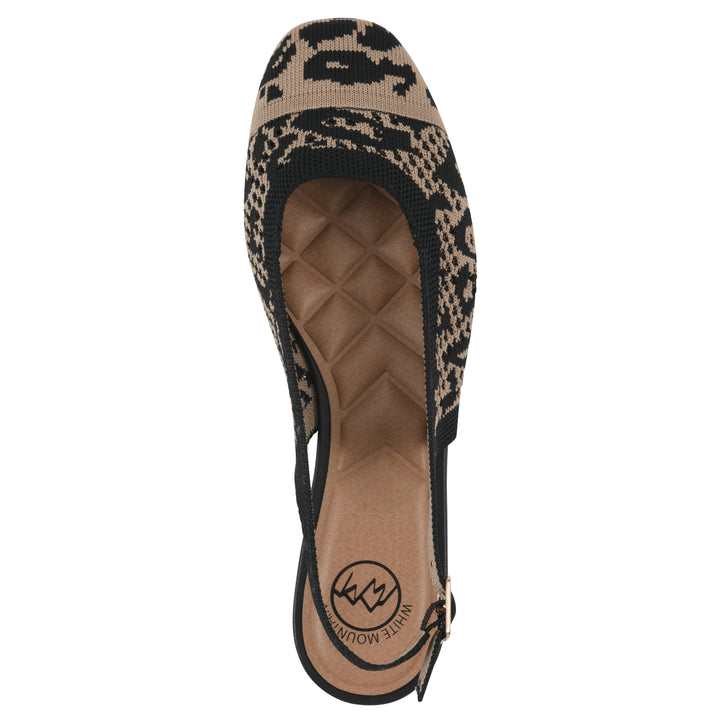 Top view of a leopard print fly-knit slingback with low black heel