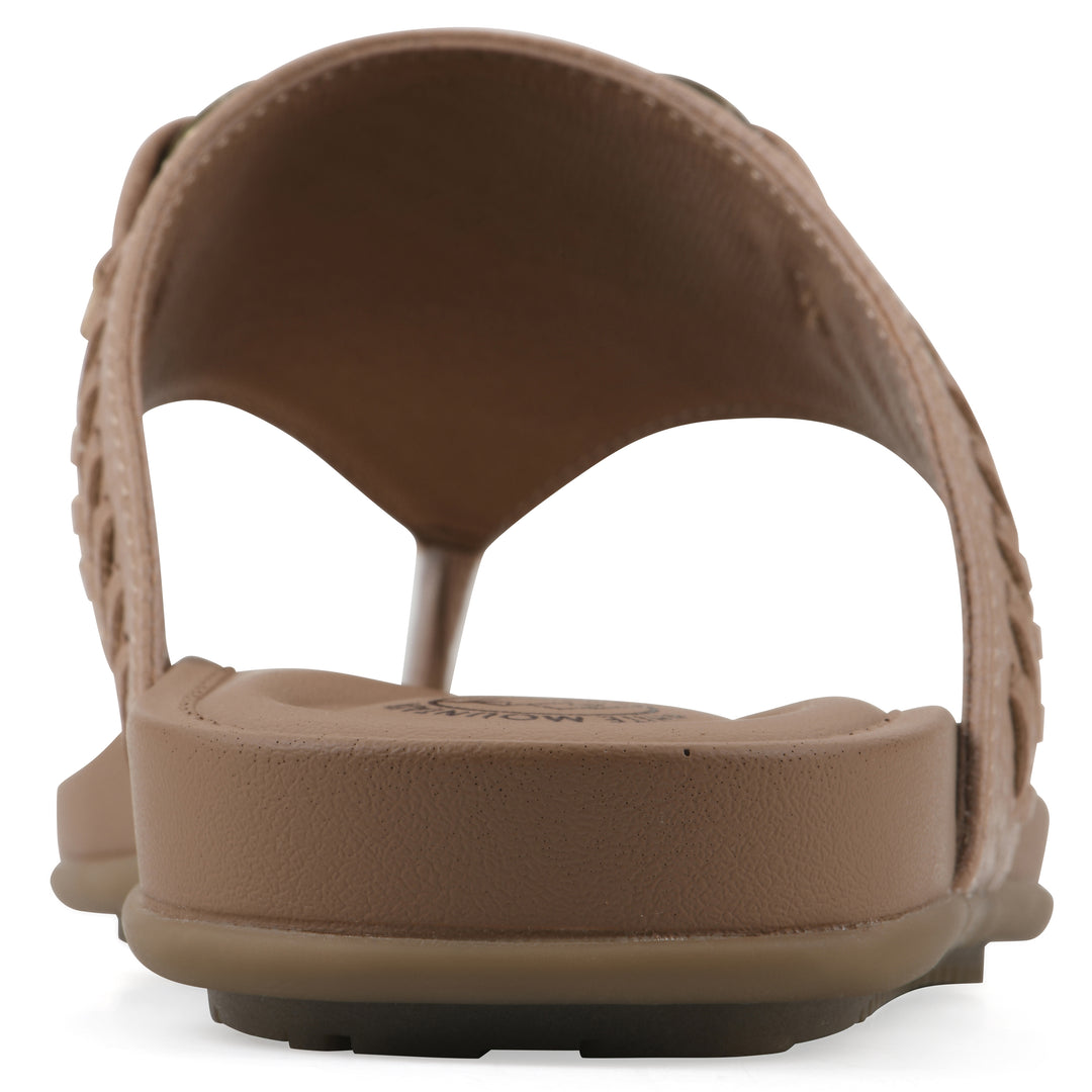 Rear view of a tan thong sandal with metal embellishment and a brown sole