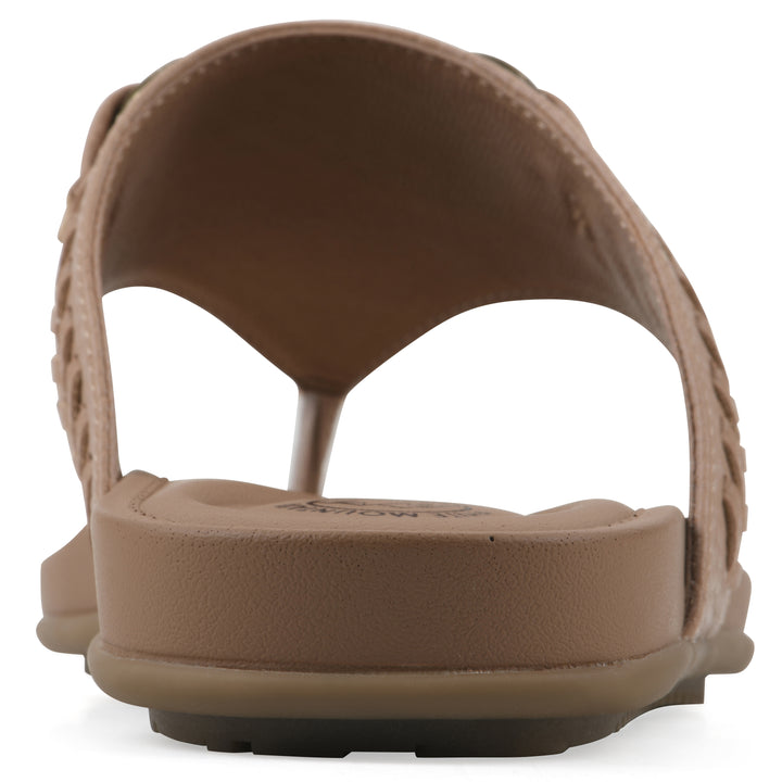 Rear view of a tan thong sandal with metal embellishment and a brown sole
