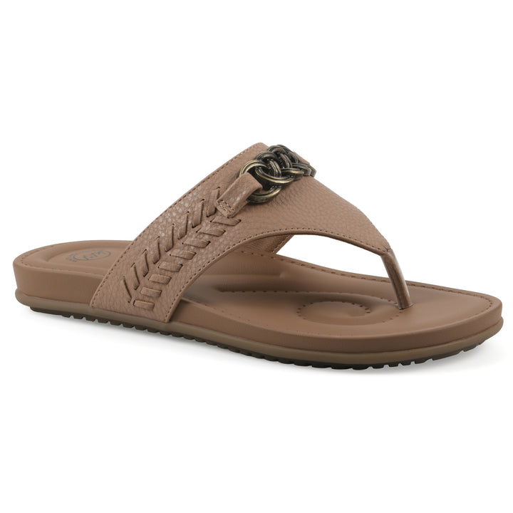 Angle view of a tan thong sandal with metal embellishment and a brown sole