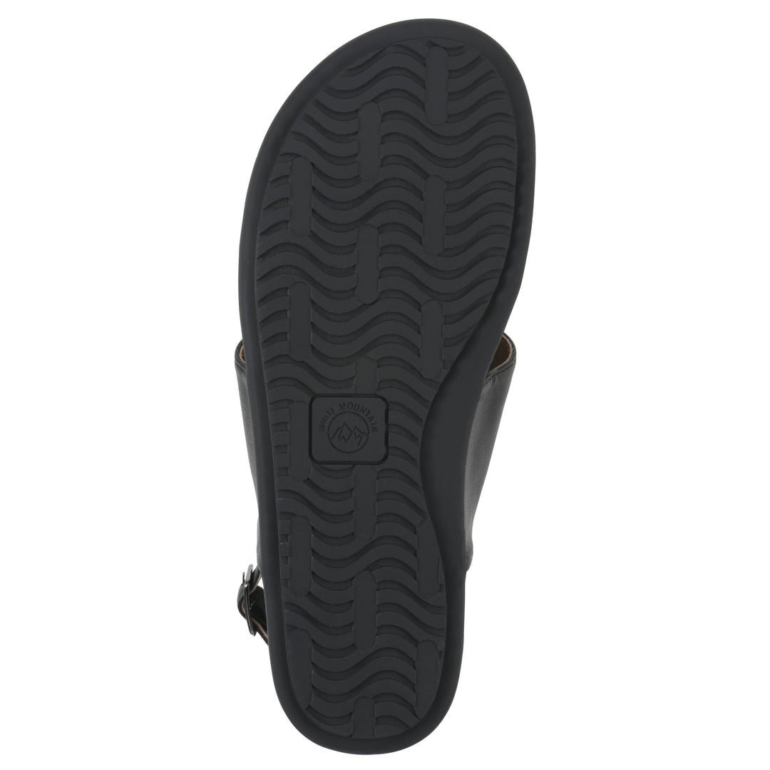 Sole view of a black thong sandal with a centered metallic ring, adjustable heel strap, and black sole