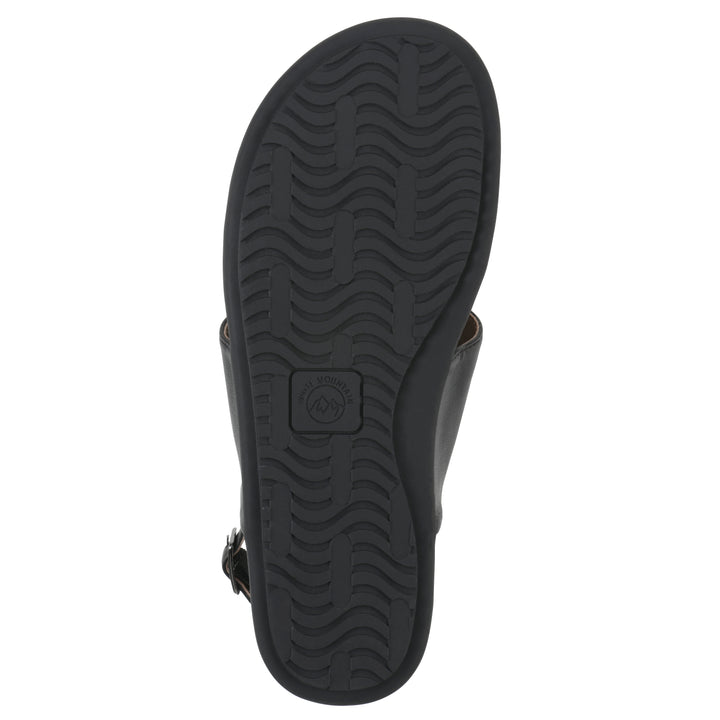 Sole view of a black thong sandal with a centered metallic ring, adjustable heel strap, and black sole