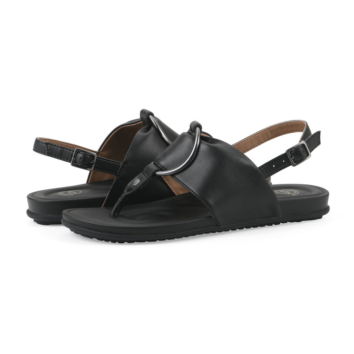 Angle view of a pair of black thong sandals with a centered metallic ring, adjustable heel strap, and black sole