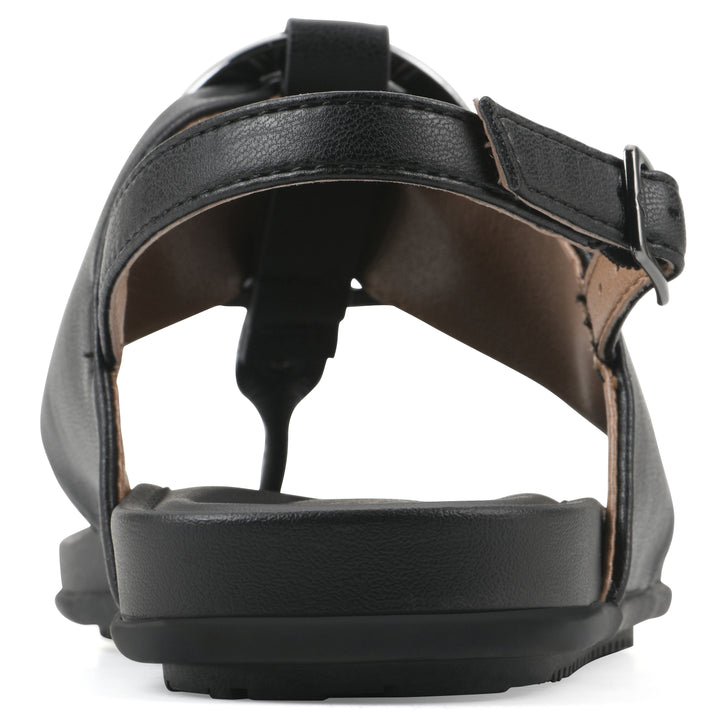 Rear view of a black thong sandal with a centered metallic ring, adjustable heel strap, and black sole