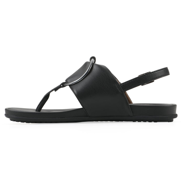Side view of a black thong sandal with a centered metallic ring, adjustable heel strap, and black sole