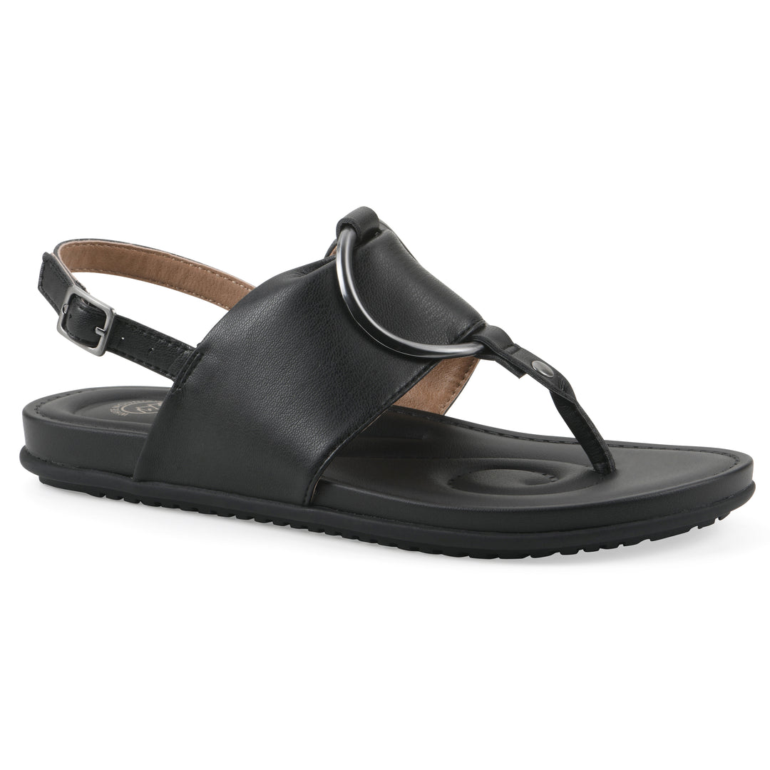Angle view of a black thong sandal with a centered metallic ring, adjustable heel strap, and black sole