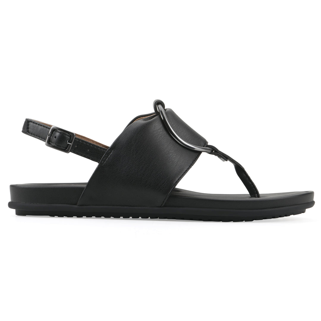 Side view of a black thong sandal with a centered metallic ring, adjustable heel strap, and black sole