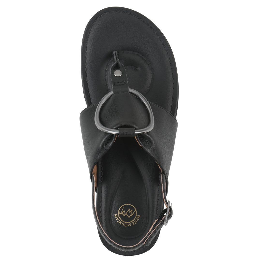 Top view of a black thong sandal with a centered metallic ring, adjustable heel strap, and black sole