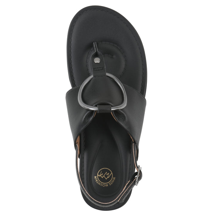 Top view of a black thong sandal with a centered metallic ring, adjustable heel strap, and black sole