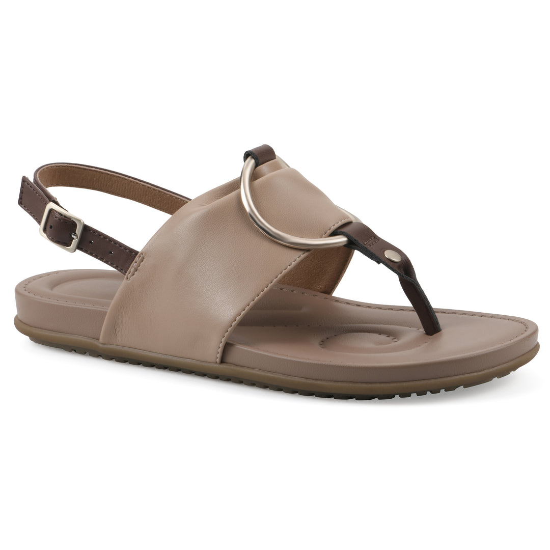 Angle view of a tan thong sandal with a centered metallic ring, adjustable heel strap, and beige sole