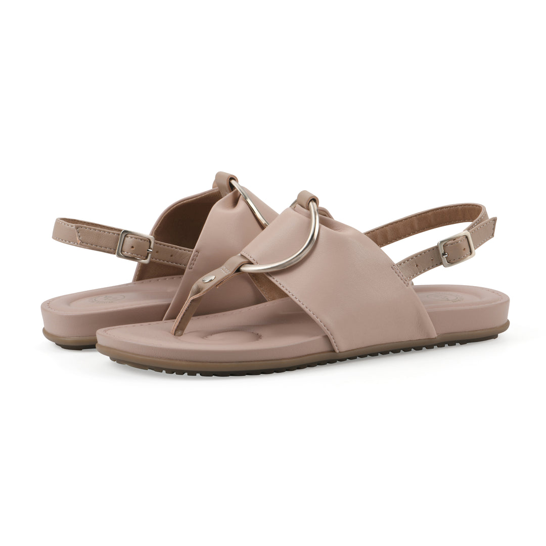 Angle view of a pair of light beige thong sandals with a centered metallic ring, adjustable heel strap, and beige sole