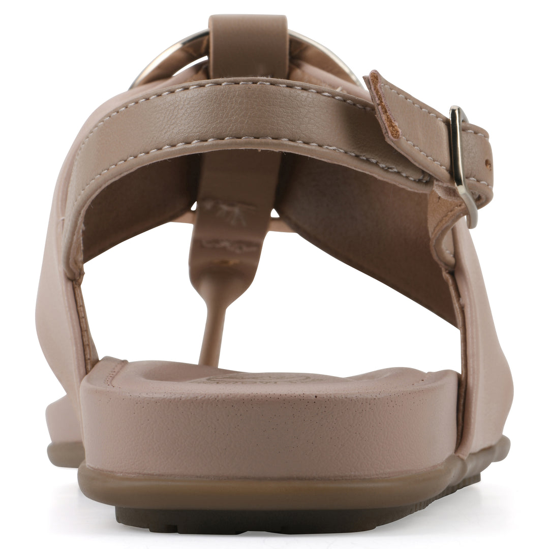 Rear view of a light beige thong sandal with a centered metallic ring, adjustable heel strap, and beige sole