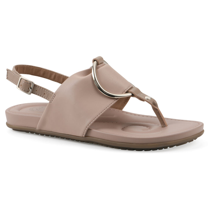 Angle view of a light beige thong sandal with a centered metallic ring, adjustable heel strap, and beige sole