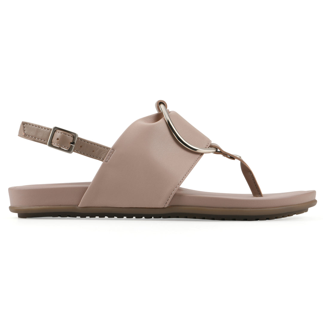 Side view of a light beige thong sandal with a centered metallic ring, adjustable heel strap, and beige sole