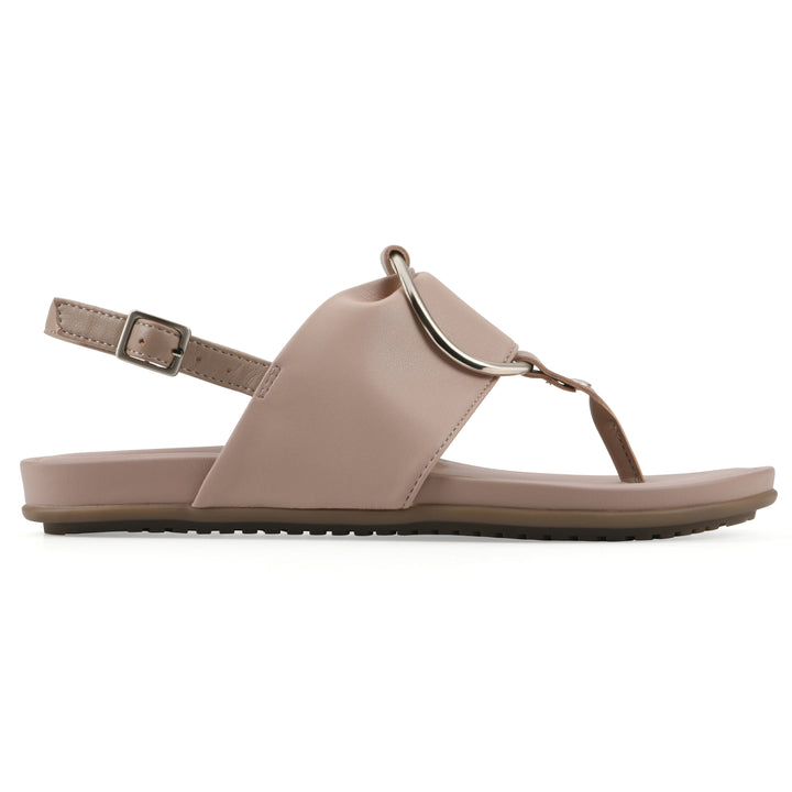 Side view of a light beige thong sandal with a centered metallic ring, adjustable heel strap, and beige sole