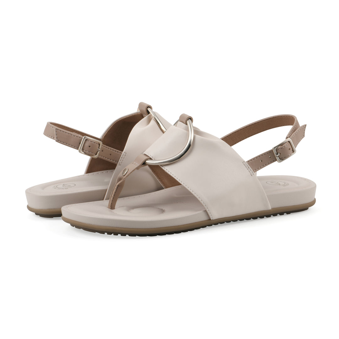 Angle view of a pair of cream thong sandals with a centered metallic ring, adjustable heel strap, and beige sole
