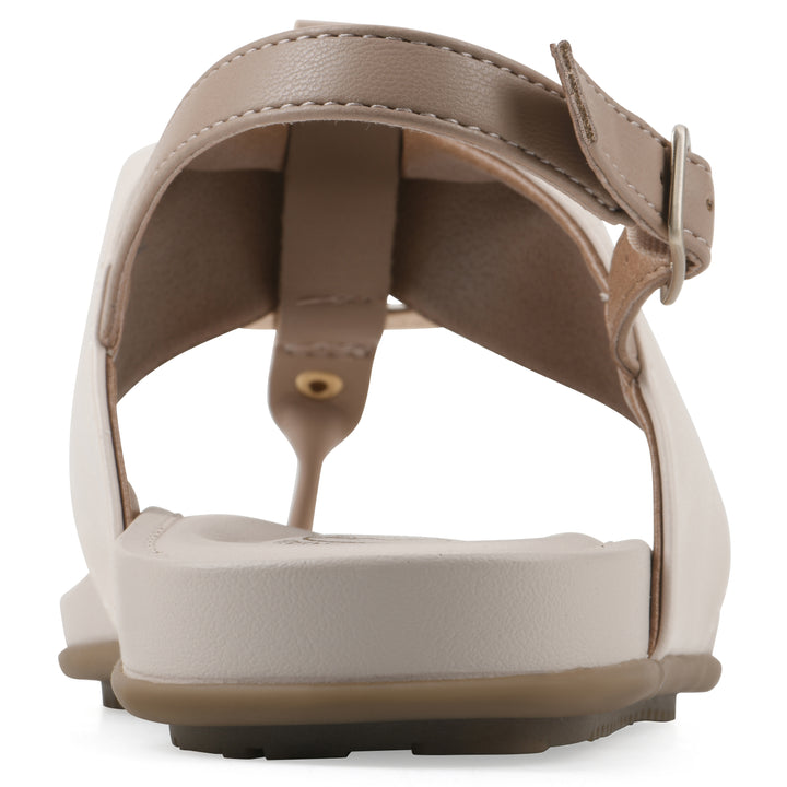 Rear view of a cream thong sandal with a centered metallic ring, adjustable heel strap, and beige sole