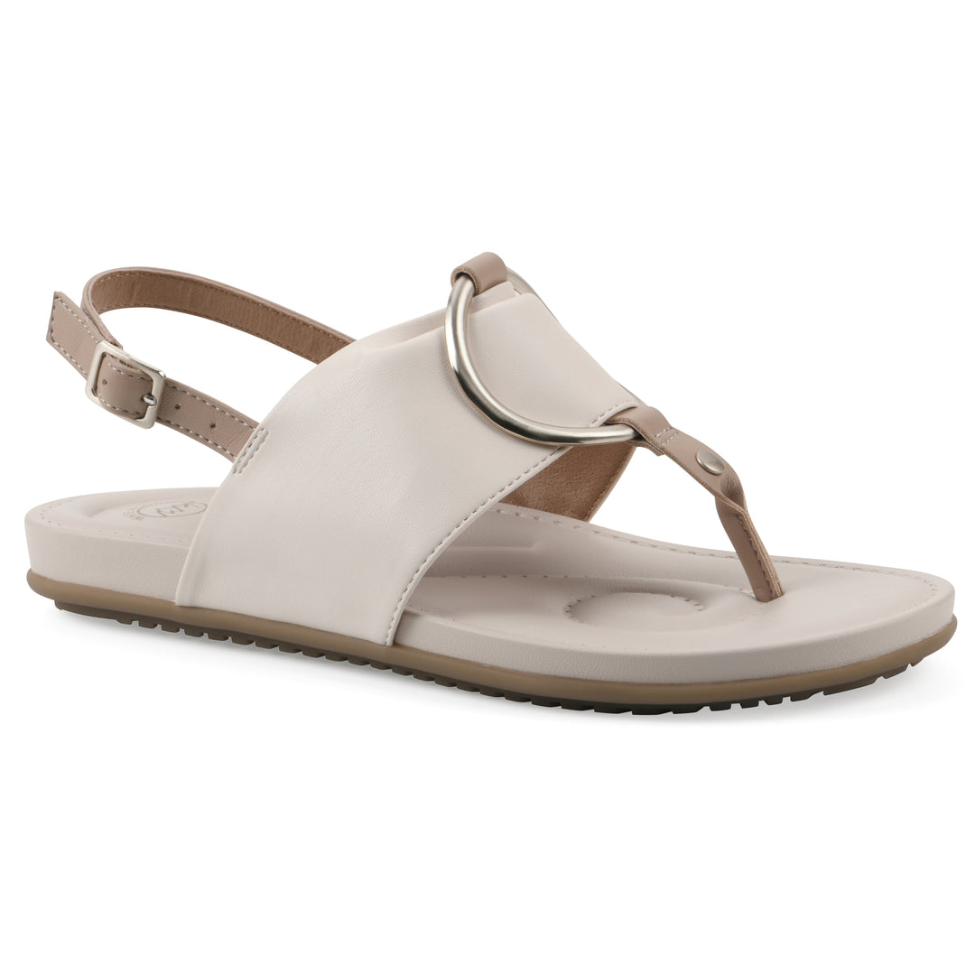 Angle view of a cream thong sandal with a centered metallic ring, adjustable heel strap, and beige sole