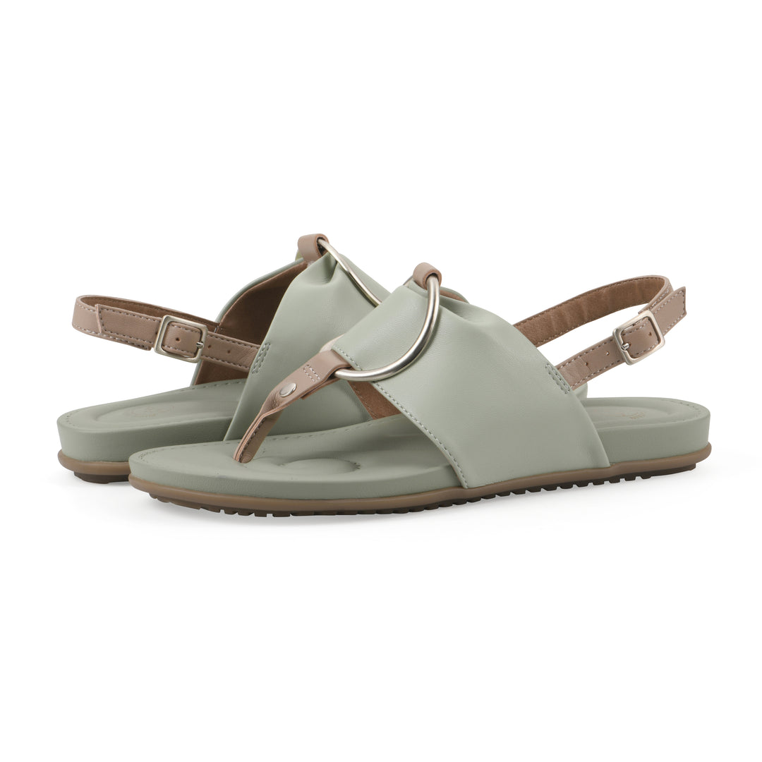 Angle view of a pair of sage thong sandals with a centered metallic ring, adjustable heel strap, and beige sole