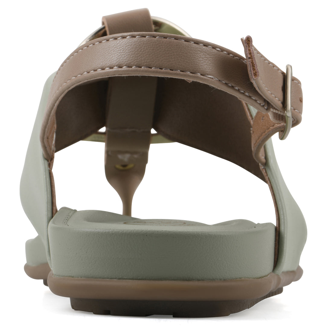 Rear view of a sage thong sandal with a centered metallic ring, adjustable heel strap, and beige sole