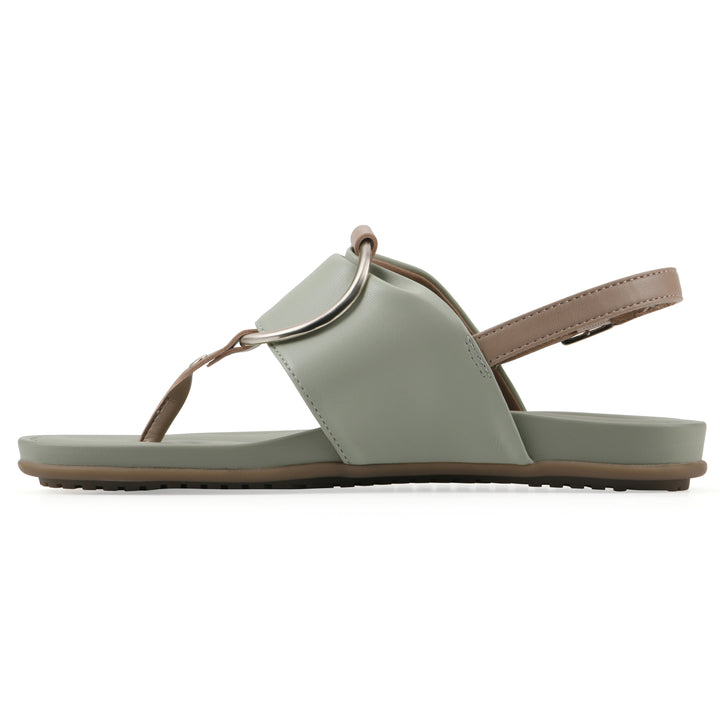 Side view of a sage thong sandal with a centered metallic ring, adjustable heel strap, and beige sole