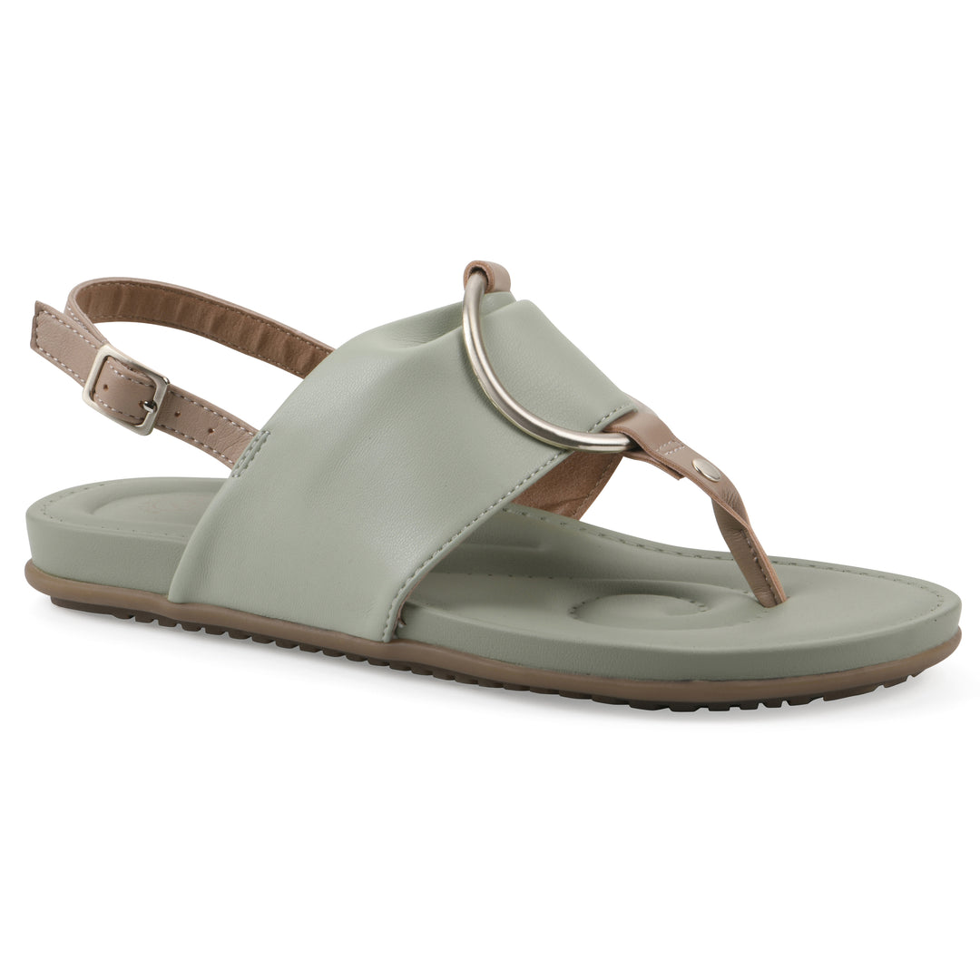 Angle view of a sage thong sandal with a centered metallic ring, adjustable heel strap, and beige sole