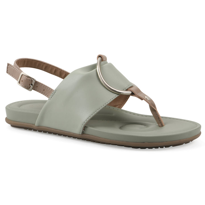 Angle view of a sage thong sandal with a centered metallic ring, adjustable heel strap, and beige sole
