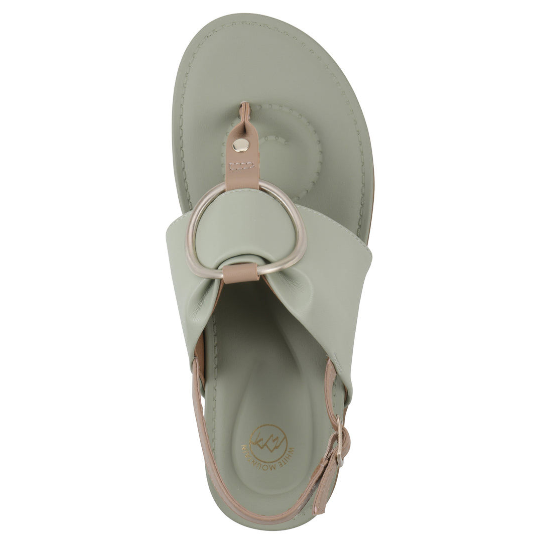 Top view of a sage thong sandal with a centered metallic ring, adjustable heel strap, and beige sole