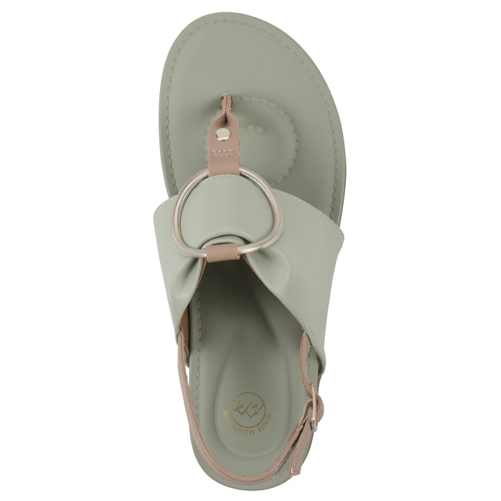 Top view of a sage thong sandal with a centered metallic ring, adjustable heel strap, and beige sole