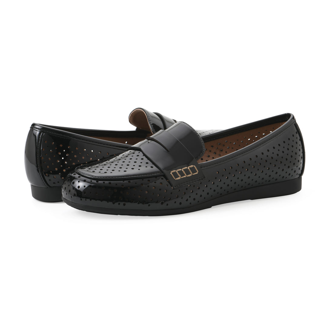 Angel view of a pair of black patent perforated loafer shoe 