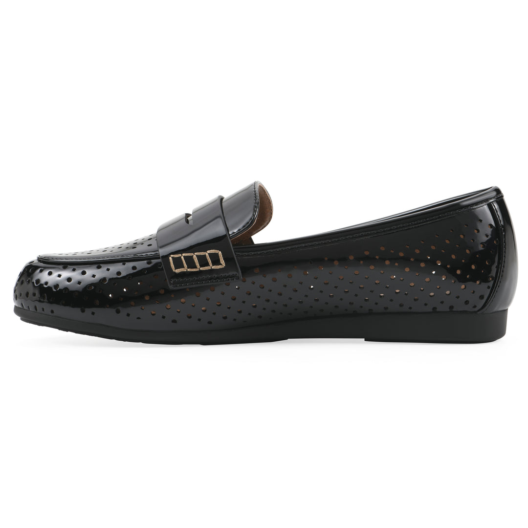 Side view of a black patent perforated loafer shoe 