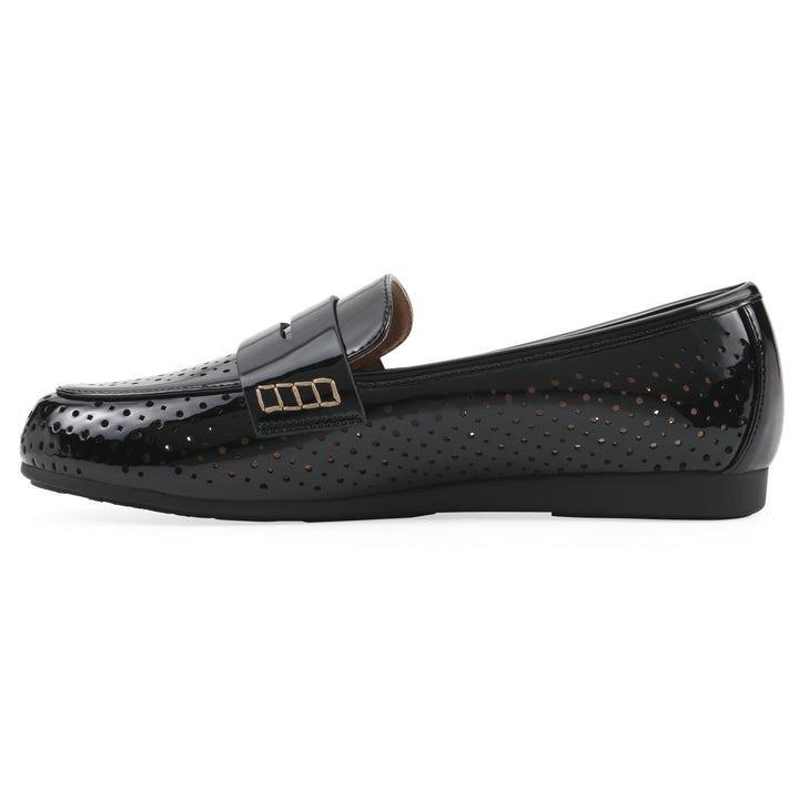 Side view of a black patent perforated loafer shoe 