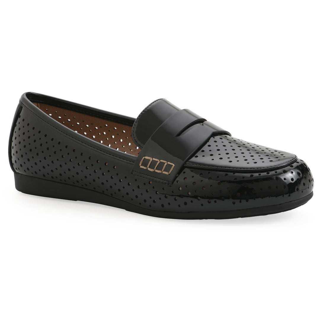 Angel view of a black patent perforated loafer shoe 