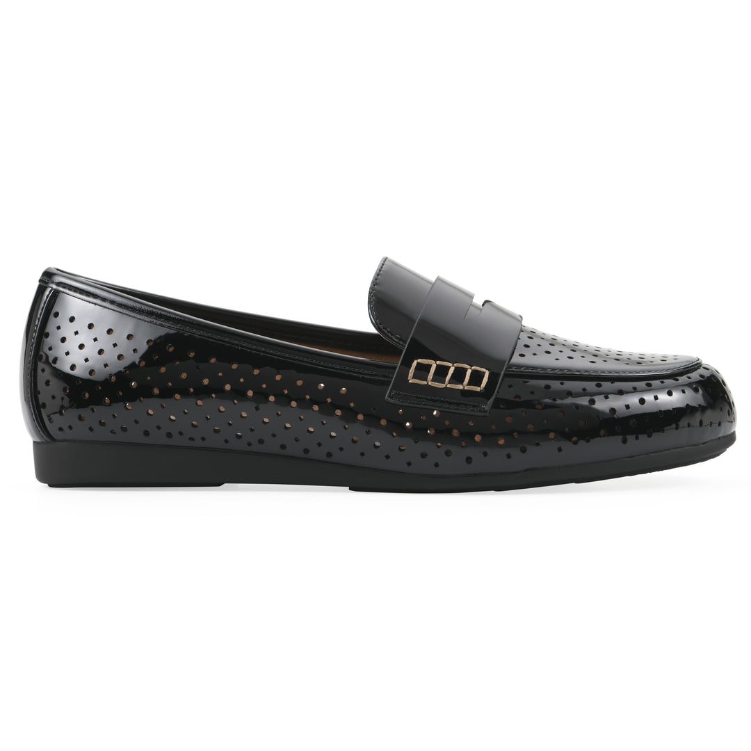 Angel view of a black patent perforated loafer shoe 