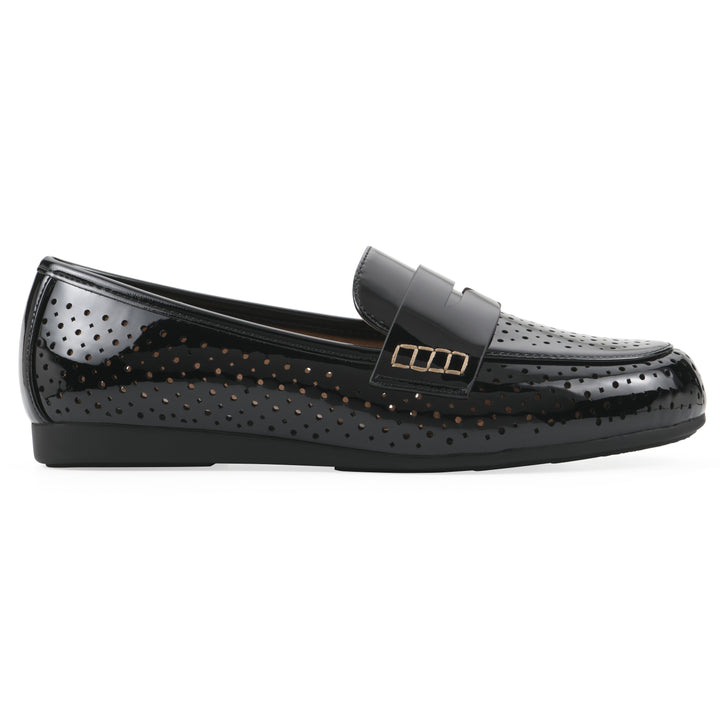 Angel view of a black patent perforated loafer shoe 